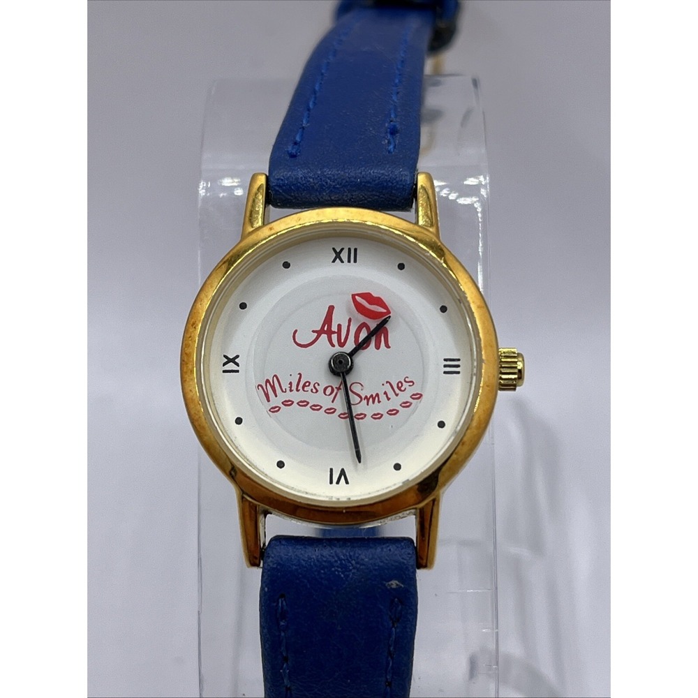 Avon Miles Of Smiles Women's Watch 25mm Gold Case Blue Band-‎ New Battery